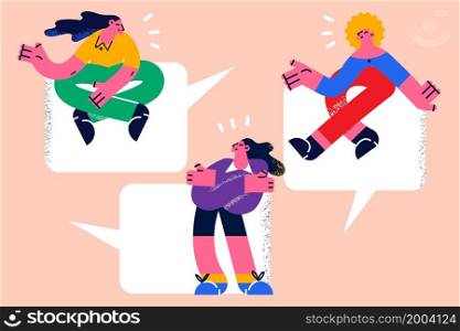 Happy diverse people in speech bubbles have fun communicate online on social media. Smiling international friends text message involved in communication on internet together. Vector illustration. . Smiling people involved in online communication together