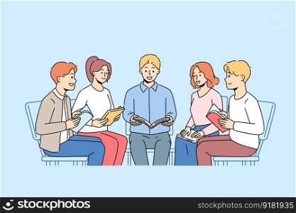 Happy diverse people sit in circle reading book together. Smiling group read and discuss bible at meeting. Hobby and leisure. Vector illustration.. Smiling people reading book sitting in circle