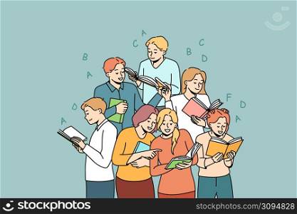 Happy diverse students with books enjoy learning together. Smiling millennial teenagers with textbooks study in group prepare for exam or test. Education and friendship. Vector illustration. . Happy diverse students learning with books together