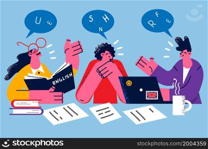 Happy diverse students with books study online on laptop in group together. Smiling people enjoy distant learning English on computer. Web education, lockdown concept. Vector illustration. . Happy diverse people study together using laptop