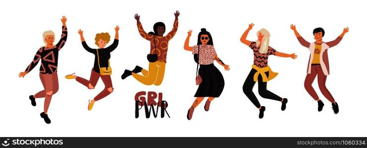 Happy diverse women. Girl power feminist movement, different happy international girls group jumping together. Women empowerment vector sketch girls personalized design. Fight for your rights. Happy diverse women. Girl power feminist movement, different international girls group jumping together. Women empowerment vector sketch