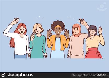 Happy diverse women waving hands showing international friendship and unity. Smiling multiethnic girlfriends group. Diversity concept. Vector illustration. . Smiling multiracial women waving hands 
