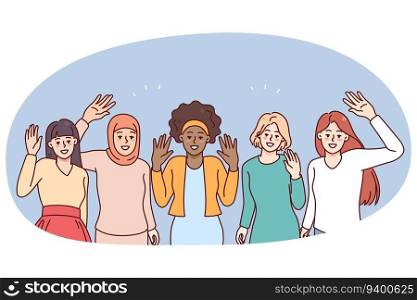 Happy diverse women waving hands showing international friendship and unity. Smiling multiethnic girlfriends group. Diversity concept. Vector illustration.. Smiling multiracial women waving hands