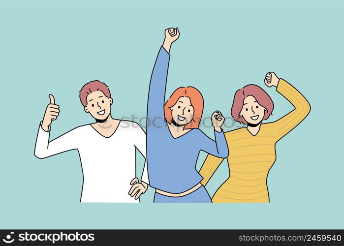 Happy diverse young people feel joyful dancing relaxing together. Smiling millennial friends have fun enjoy party or celebration laughing and joking. Flat vector illustration, cartoon character. . Smiling diverse people have fun dancing 