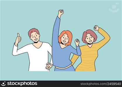 Happy diverse young people feel joyful dancing relaxing together. Smiling millennial friends have fun enjoy party or celebration laughing and joking. Flat vector illustration, cartoon character. . Smiling diverse people have fun dancing 