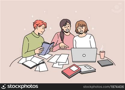 Happy diverse young people study together with books and laptop prepare for school exam or test. Smiling students learn using computer and textbooks. Education concept. Flat vector illustration. . Smiling people study together with book using computer