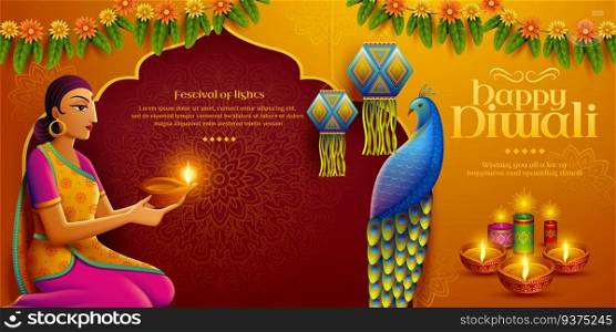 Happy Diwali design with beautiful indian woman holding oil l&diya and there are marigolds, lanterns and peacock decorations on the background. Diwali design with indian woman