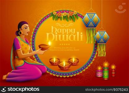 Happy Diwali design with beautiful indian woman holding oil l&diya. Happy Diwali design