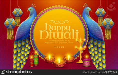 Happy Diwali design with beautiful peacocks standing near by traditional indian lantern and oil l&. Happy Diwali design