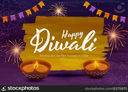 Happy Diwali design with beautiful rangoli and diya oil l&s on purple background. Happy Diwali design