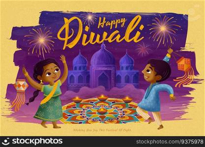 Happy Diwali design with children holding traditional lantern in front of rangoli on purple background. Happy Diwali design