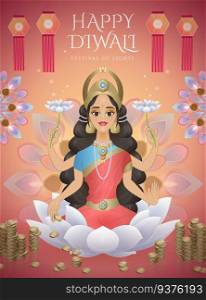 Happy Diwali design with goddess Lakshmi sitting on white lotus and surrounded by money and oil l&s. Happy Diwali design with Lakshmi