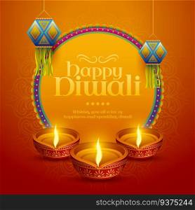 Happy Diwali design with traditional indian lantern and oil lamp. Happy Diwali design