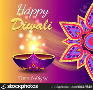 Happy diwali festival of lights promotional poster, depicting traditional diya lamp with glowing and mandala symbol vector illustration. Happy Diwali Promo Poster Vector Illustration