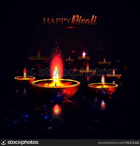 Happy Diwali festival of lights. Retro oil lamp on background night sky.. Happy Diwali festival of lights. Retro oil lamp on background night sky, Illustration in vector format.