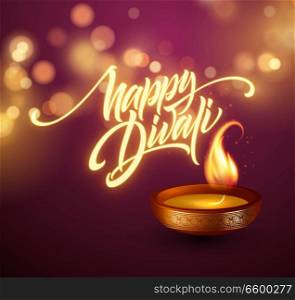 Happy Diwali festival of lights. Retro oil lamp on background night sky. Calligraphy hand lettering text. Vector illustration EPS10. Happy Diwali festival of lights. Retro oil lamp on background night sky. Calligraphy hand lettering text. Vector illustration