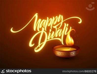 Happy Diwali festival of lights. Retro oil lamp on background night sky. Calligraphy hand lettering text. Vector illustration EPS10. Happy Diwali festival of lights. Retro oil lamp on background night sky. Calligraphy hand lettering text. Vector illustration