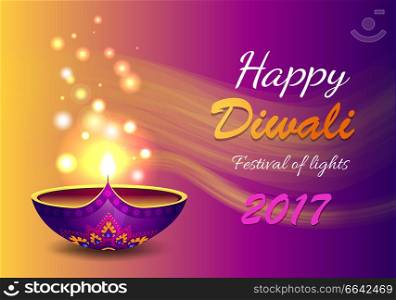 Happy Diwali festival of lights with candle decorated with fume and blurred elements. Vector illustration with congratulation on color background. Happy Diwali Festival of Light Vector Illustration