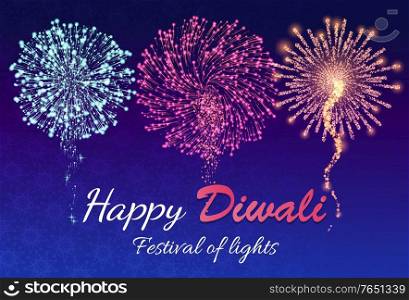Happy diwali, festival or carnival of lights. Pyrotechnics show for entertaining people. Colorful and bright fireworks on night sky. Holiday celebration with festive explosions. Vector illustration. Happy Diwali, Festival of Lights with Fireworks