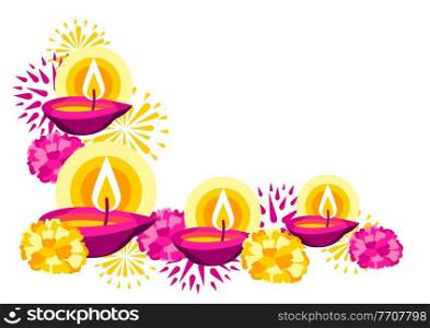 Happy Diwali greeting card. Deepavali or dipavali festival of lights. Indian Holiday background with traditional symbols.. Happy Diwali greeting card. Deepavali or dipavali festival of lights.