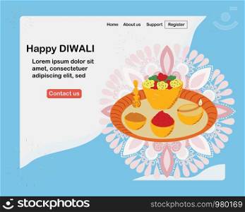 Happy diwali landing page with traditional food plate template vector illustration. Indian traditional celebration, lamp and fireworks decor.