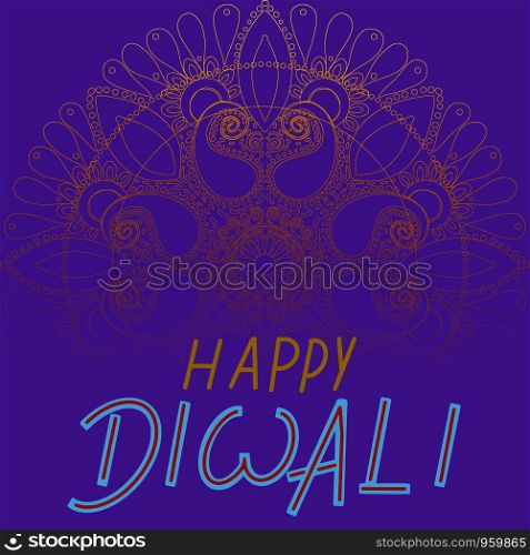 Happy diwali on gold rangoli with purple background. Flat cartoon style. Vector illustration.. Happy diwali on gold rangoli with purple background.