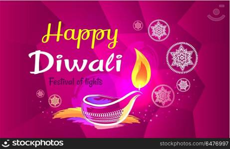 Happy Diwali Poster with Purple Pattern Backdrop. Happy Diwali poster with purple pattern backdrop and text. Vector illustration of diya oil lamp and other symbols of annual Hindu festival of lights
