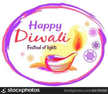 Happy Diwali Poster with White Background and Text. Happy Diwali poster dedicated to festival of lights with text. Vector illustration of burning candle in pink and purple circle on white background