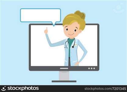 Happy doctor on monitor screen. Health care concept. Vector illustration