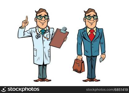 Happy doctor with glasses and a businessman. Comic cartoon style pop art retro vector illustration. Happy doctor with glasses and a businessman