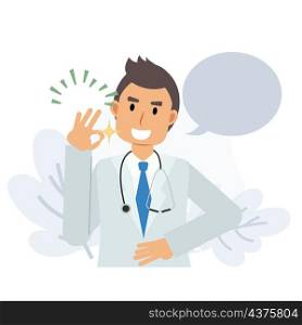 happy doctor with ok hand sign gesture.Flat vector 2d cartoon character illustration