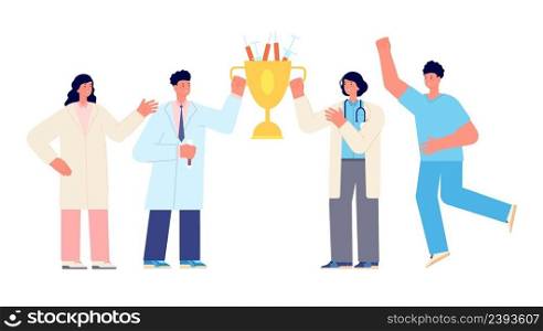 Happy doctors. Medical team and scientists with golden cup with vaccines. Science research, healthcare and people life and health support vector. Illustration of medical doctor happy get achievement. Happy doctors. Medical team and scientists with golden cup with vaccines. Science research, healthcare and people life and health support vector concept