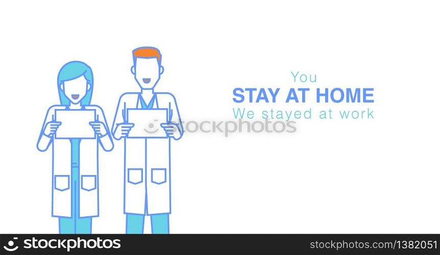 Happy doctors team stay work for people stayed home. Fight with Coronavirus nCov Covid-19.Flat color line design.
