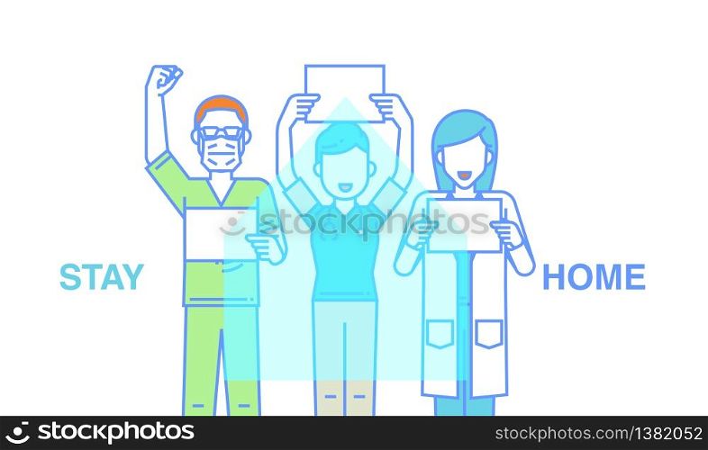 Happy doctors team stay work for people stayed home. Fight with Coronavirus nCov Covid-19.Flat color line design.