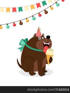 Happy dog with ice cream and garlands greeting card template. Vector illustration. Happy dog with ice cream card