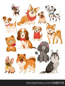 Happy dogs. Cute puppy sitting or standing pets and home funny animals cartoon isolated dog vector set. Happy dogs. Cute puppy pets and home funny animals cartoon isolated dog vector set