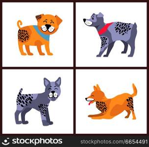 Happy dogs, icons collection with puppies of various breeds waiving their tail, pets best friends with spots isolated on vector illustration. Happy Dogs Icons Collection on Vector Illustration