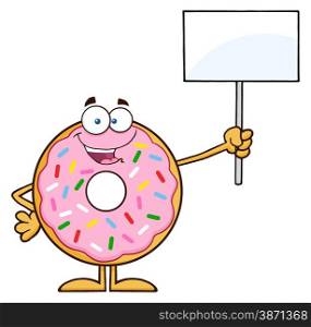 Happy Donut Cartoon Character With Sprinkles Holding Up A Blank Sign