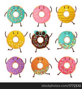 Happy donut characters. Cartoon sweet round desserts. Smiling food mascots waving hands. Isolated baked products set decorated with colorful glaze and chocolate. Vector cheerful funny confectionery. Happy donut characters. Cartoon sweet round desserts. Smiling food mascots waving hands. Baked products set decorated with colorful glaze and chocolate. Vector cheerful confectionery