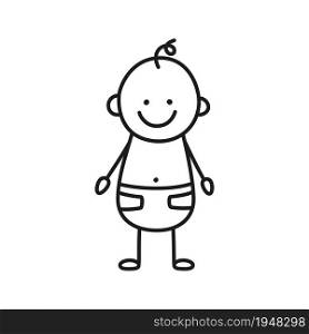 Happy doodle baby in a diaper. Hand drawn figure of small child. Little toddler. Vector illustration isolated in doodle style on white background.. Happy doodle baby in a diaper. Hand drawn figure of small child. Little toddler. Vector illustration isolated in doodle style on white background