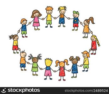 Happy doodle stick children holding hands. Hand drawn funny kids in circle. Children friendship concept. Doodle children community. Vector illustration isolated on white background.. Happy doodle stick children holding hands. Hand drawn funny kids in circle. Children friendship concept. Doodle children community. Vector illustration isolated on white background
