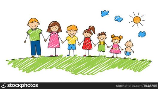 Happy doodle stick mans family in summer park. Hand drawn family members. Mother, father and kids holding hands. Vector color illustration isolated in doodle style on white background.. Happy doodle stick mans family in summer park. Hand drawn family members. Mother, father and kids holding hands. Vector color illustration isolated in doodle style on white background