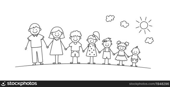 Happy doodle stick mans family in summer park. Hand drawn family members. Mother, father and kids holding hands. Vector illustration isolated in doodle style on white background.. Happy doodle stick mans family in summer park. Hand drawn family members. Mother, father and kids holding hands. Vector illustration isolated in doodle style on white background