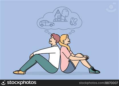 Happy dreamy couple imagine bright future together. Smiling man and woman dream of shared life, make plans for motherhood, realty and car. Family planning. Vector illustration. . Young couple dream of bright future together 
