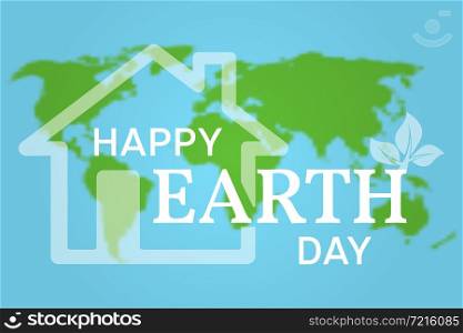 Happy Earth Day greeting card. Vector illustration with the house, planet and green tree.