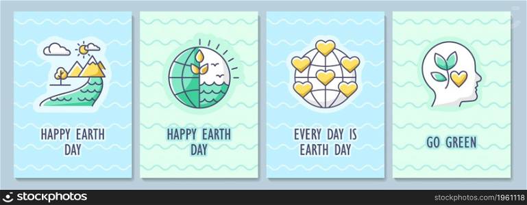 Happy Earth day greeting card with color icon element set. Protect environment. Postcard vector design. Decorative flyer with creative illustration. Notecard with congratulatory message pack. Happy Earth day greeting card with color icon element set