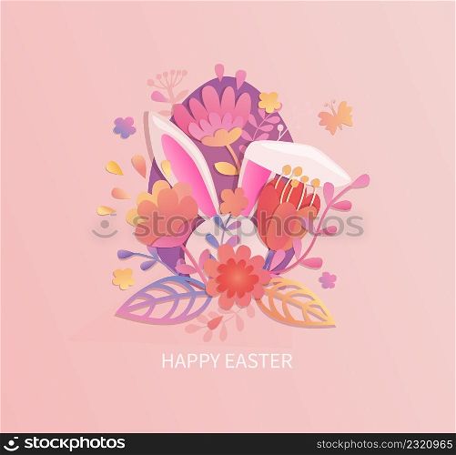Happy easter 2022 greeting card with rabbit ears and beautiful flowers peeking out of egg cut out of paper and wishing happy holiday.Poster,banner,flyer.Template for your design. Vector illustration.. Happy easter 2022 greeting card,flyer,banner.