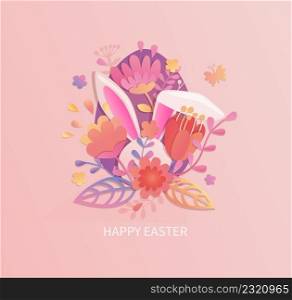 Happy easter 2022 greeting card with rabbit ears and beautiful flowers peeking out of egg cut out of paper and wishing happy holiday.Poster,banner,flyer.Template for your design. Vector illustration.. Happy easter 2022 greeting card,flyer,banner.