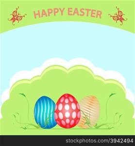 Happy Easter. A basket full of eggs festive. Painted eggs in the basket. Basket stands on grass, full of Easter eggs. Sky, sun, clouds, grass.
