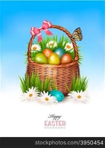 Happy Easter background. Basket with eggs and a butterfly against a blue sky. Vector.